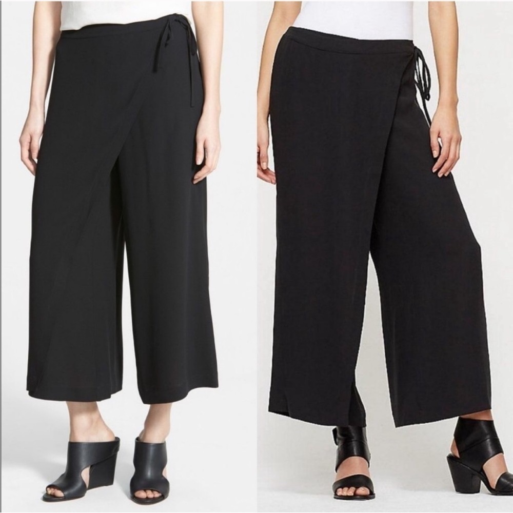 Eileen Fisher Silk Georgette Crop Black Wide-Leg Wrap Pants